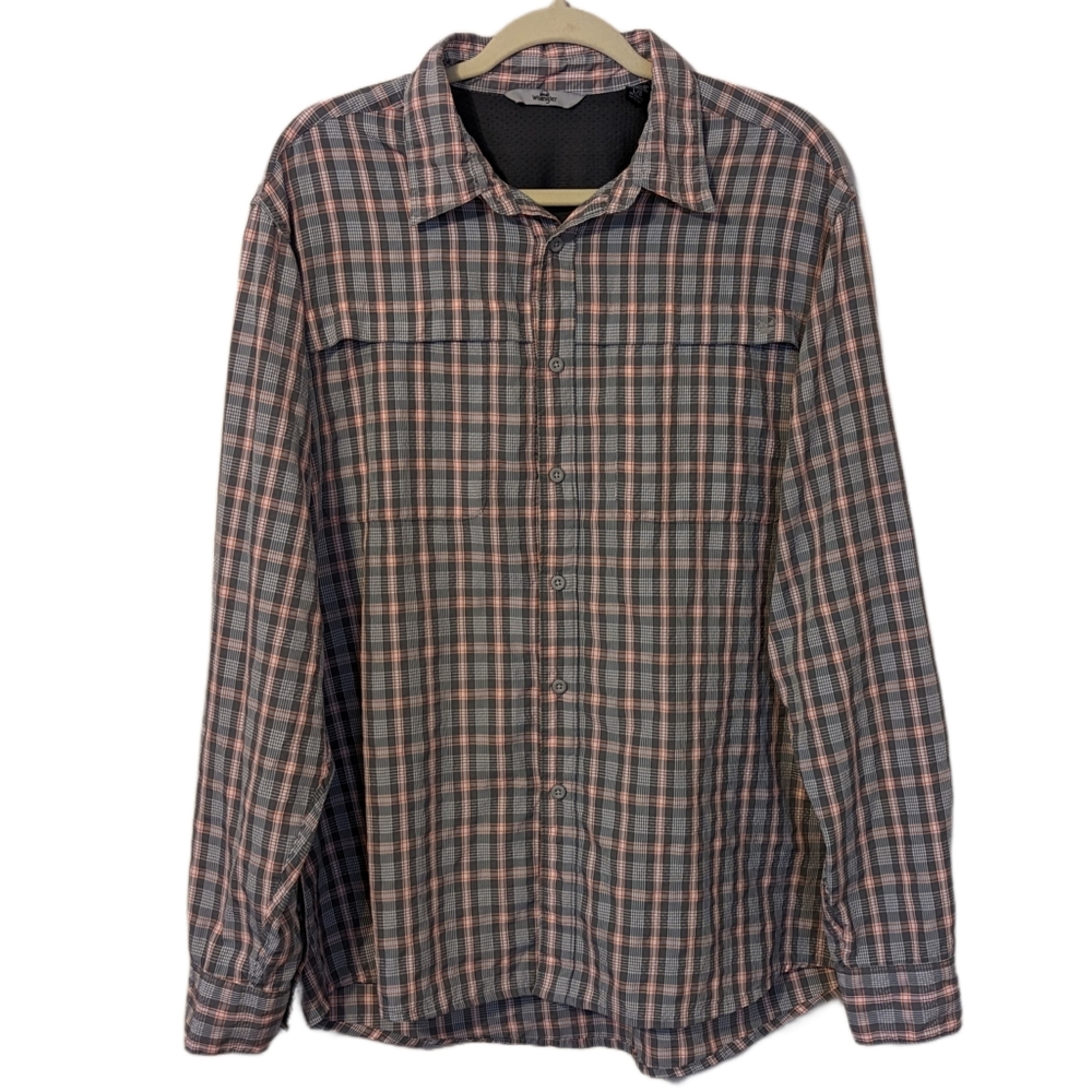 Wrangler Men's Plaid Button Down Shirt w/Front Velcro Pockets Size Large